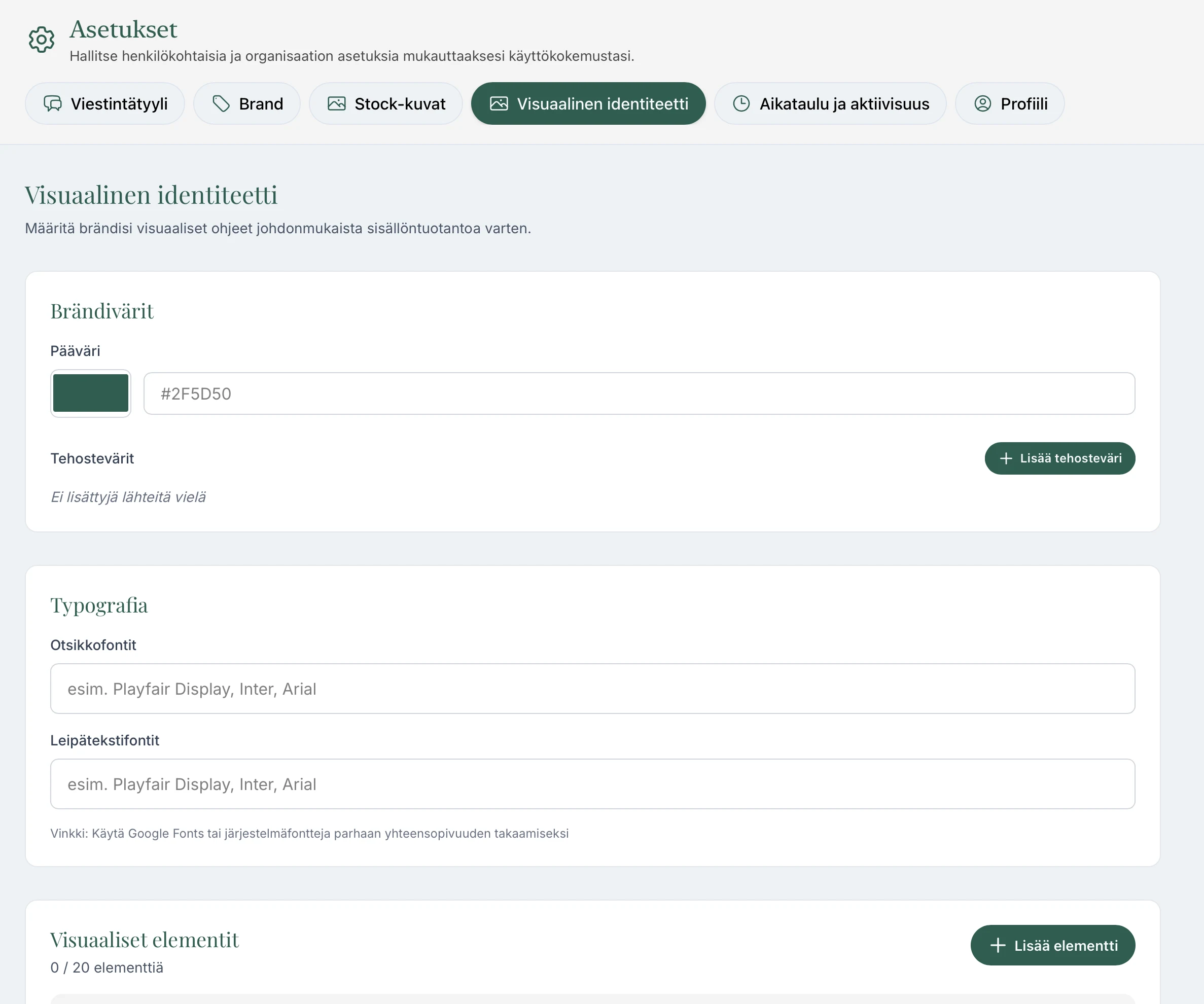 Lyyli.ai visual identity settings – screenshot of the new menu
