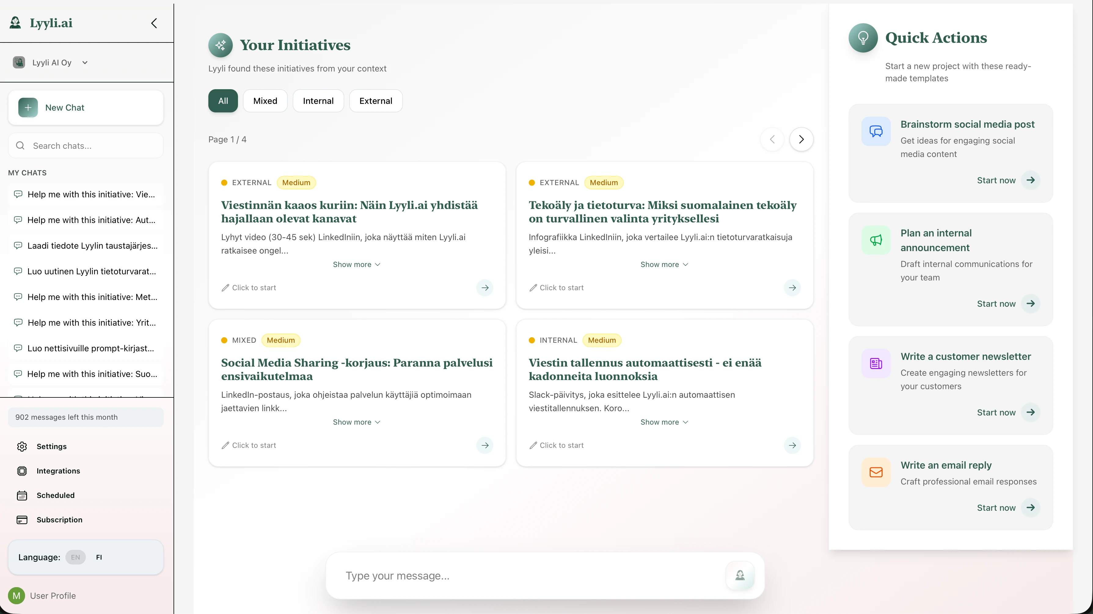 Lyyli desktop interface showing AI communication assistant dashboard