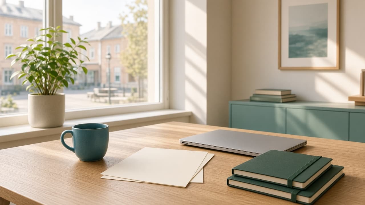 A calm municipal office desk in morning light, with a Nordic town view through the window
