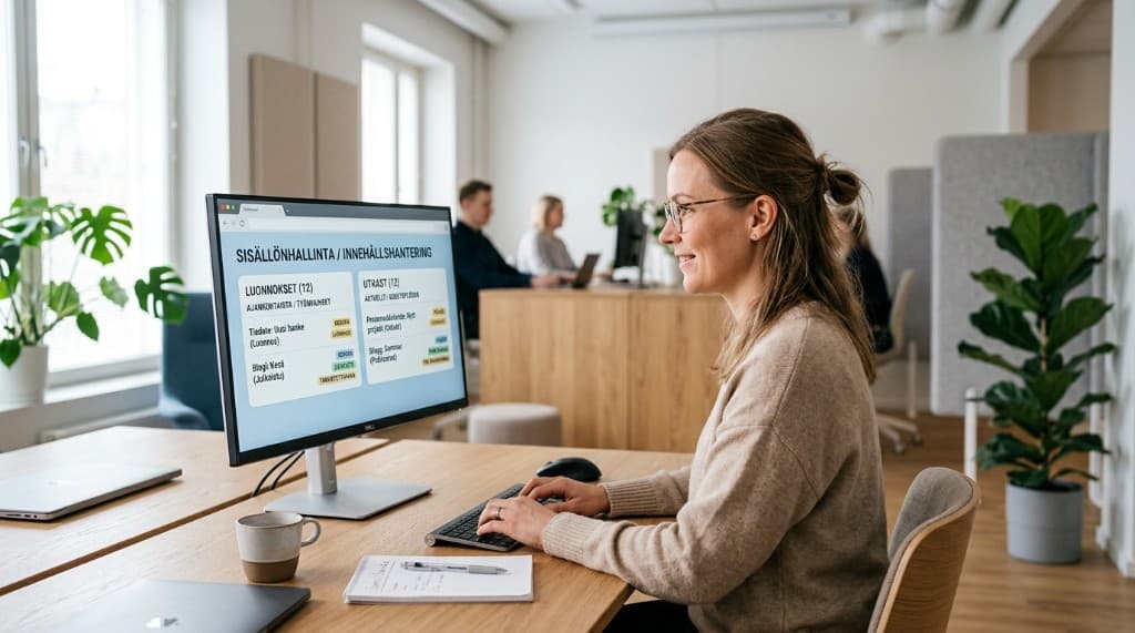 En professionell arbetar vid ett kontorsskrivbord med en tvåspråkig innehållshanteringsskärm där finska och svenska utkast visas sida vid sida
