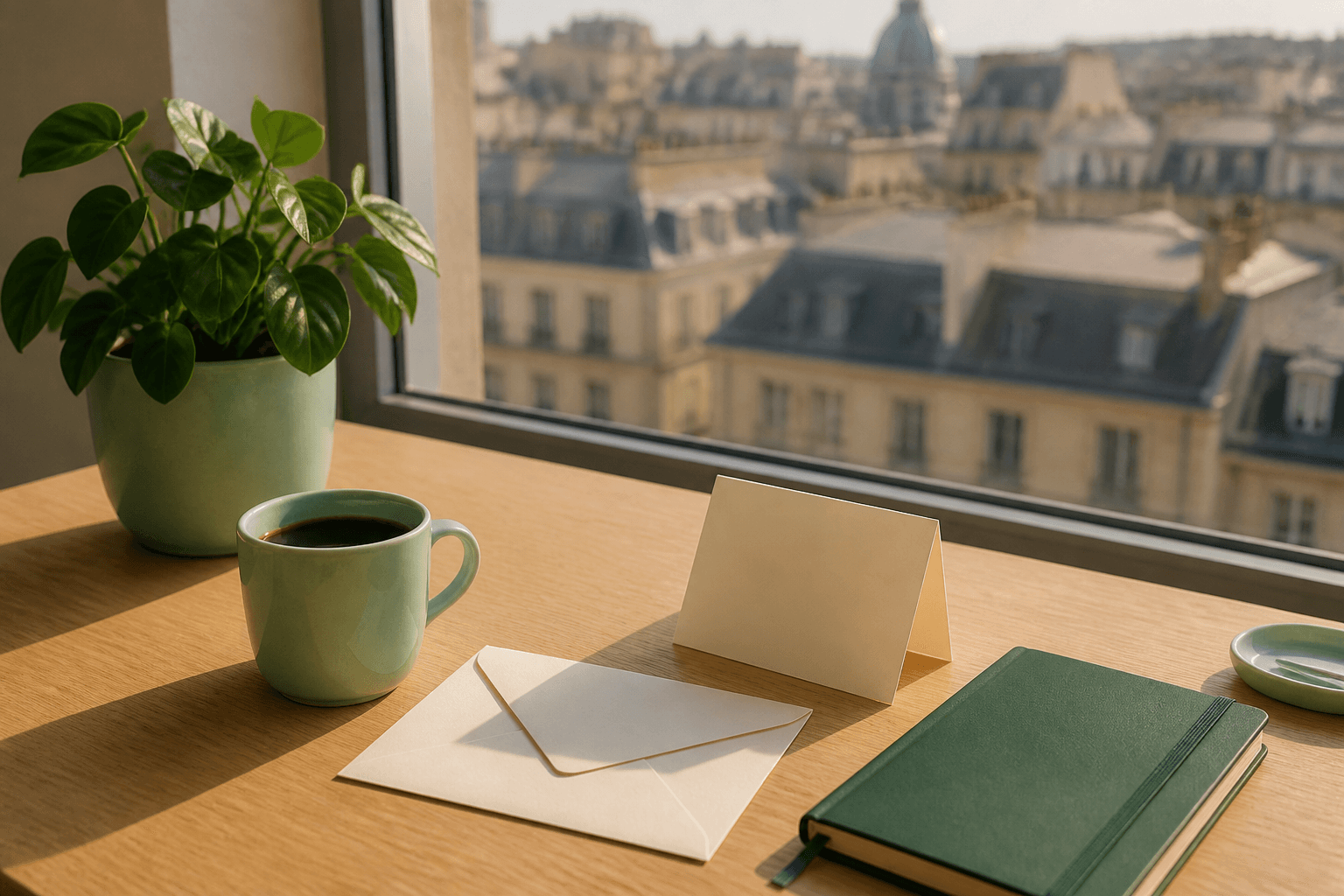 A calm desk in morning light with an envelope and a note card waiting