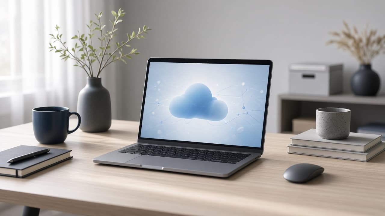 A calm desk in morning light with an abstract cloud infrastructure view on a laptop