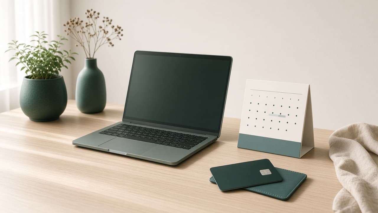 A calm desk in morning light with a laptop, a calendar card and a key card